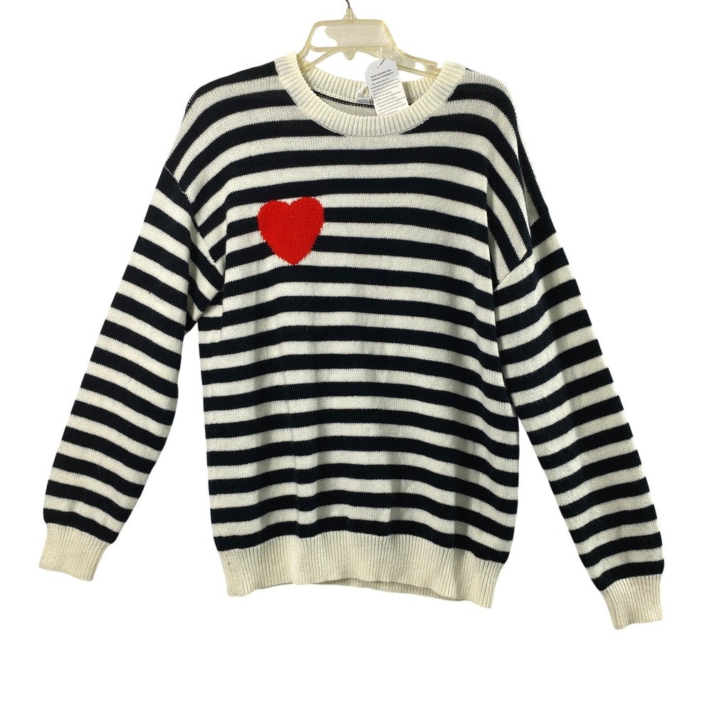 Womens Sweater Size XXL Black White Stripe Heart Intarsia Crewneck Pullover